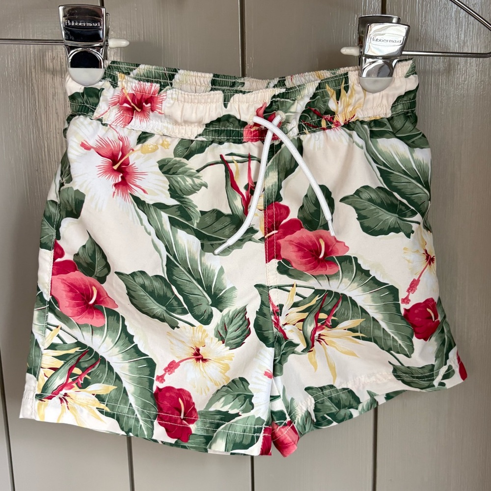Janie and Jack Boys White and Tropical Floral Print swim trunks Size 6